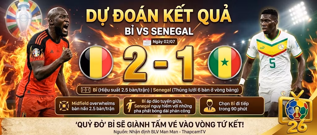 Dự đoán tỷ số 2-1 nghiêng về ĐT Bỉ trong trận gặp Senegal ngày 02/07/2026, thống kê phong độ và góc nhìn từ chuyên gia ThapcamTV.