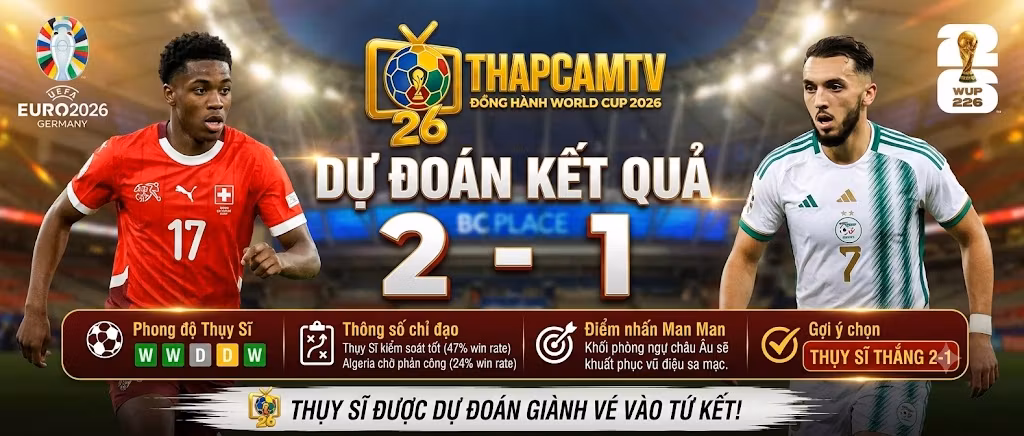 Chuyên gia BLV Man Man dự đoán kết quả tỷ số trận Thụy Sĩ vs Algeria là 2-1, Thụy Sĩ giành vé vào tứ kết World Cup 2026.