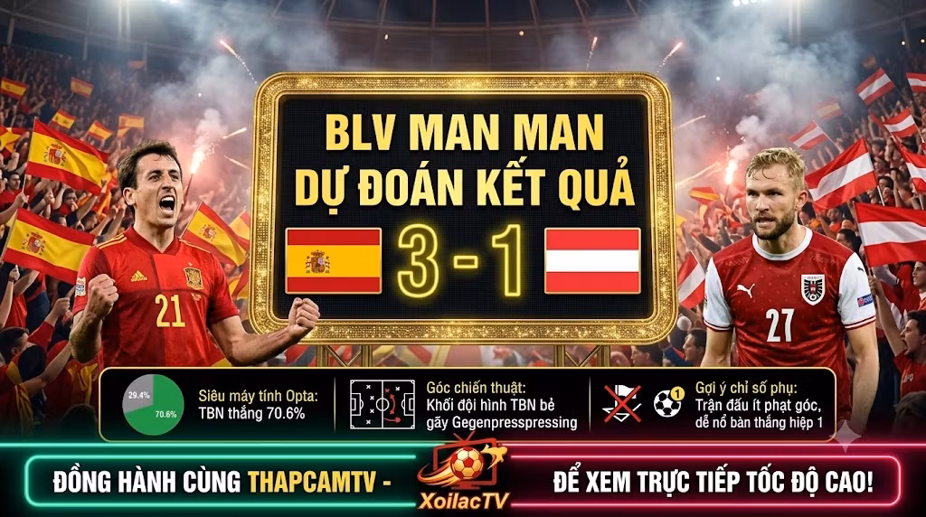 Chuyên gia BLV Man Man dự đoán tỷ số 3-1 nghiêng về Tây Ban Nha trước Áo tại World Cup 2026 kèm các chỉ số chuyên môn từ siêu máy tính Opta.