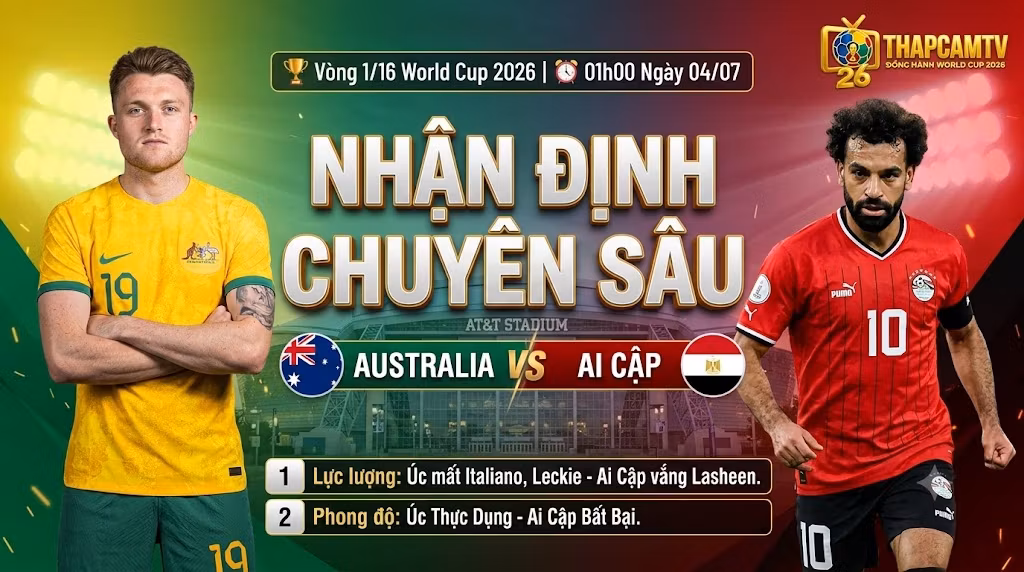 Nhận định chuyên sâu trận đấu giữa Australia và Ai Cập vòng 1/16 World Cup 2026 trên Thapcamtv.